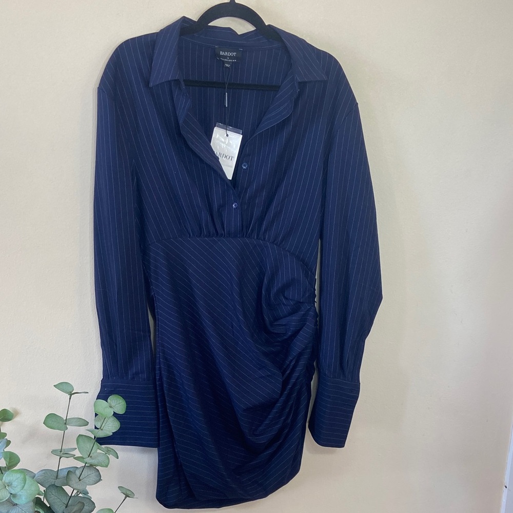 New Bardot Viera US 10 Navy Pinstripe Ruched Long Sleeve Mini Shirt Dress Office